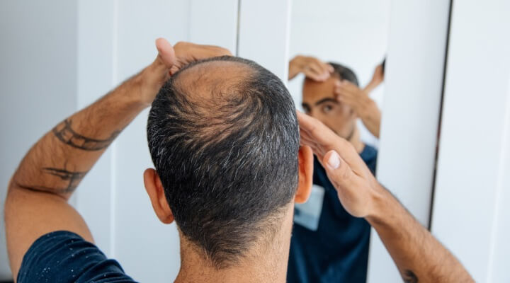 man inspecting hair loss